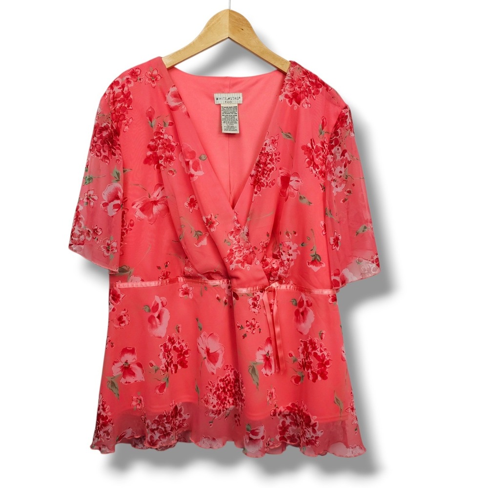 Vintage Y2K White Stag Babydoll Top Coral Floral Chiffon Wrap 24W Fairy Cottage